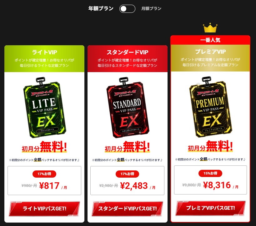 エクストレカ VIPパス 年額プラン ライト スタンダード プレミアム 料金