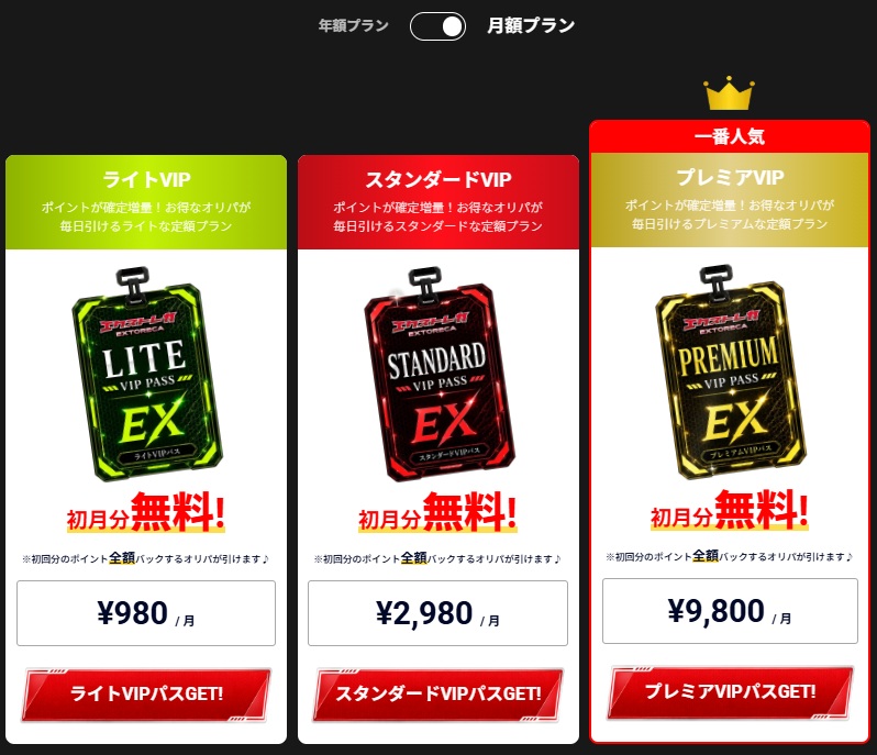 エクストレカ VIPパス 月額プラン ライト スタンダード プレミアム 料金